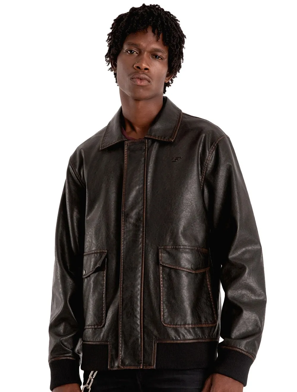 Jaqueta Ellus Masculina PU Leather Washed New Aviator Marrom Café