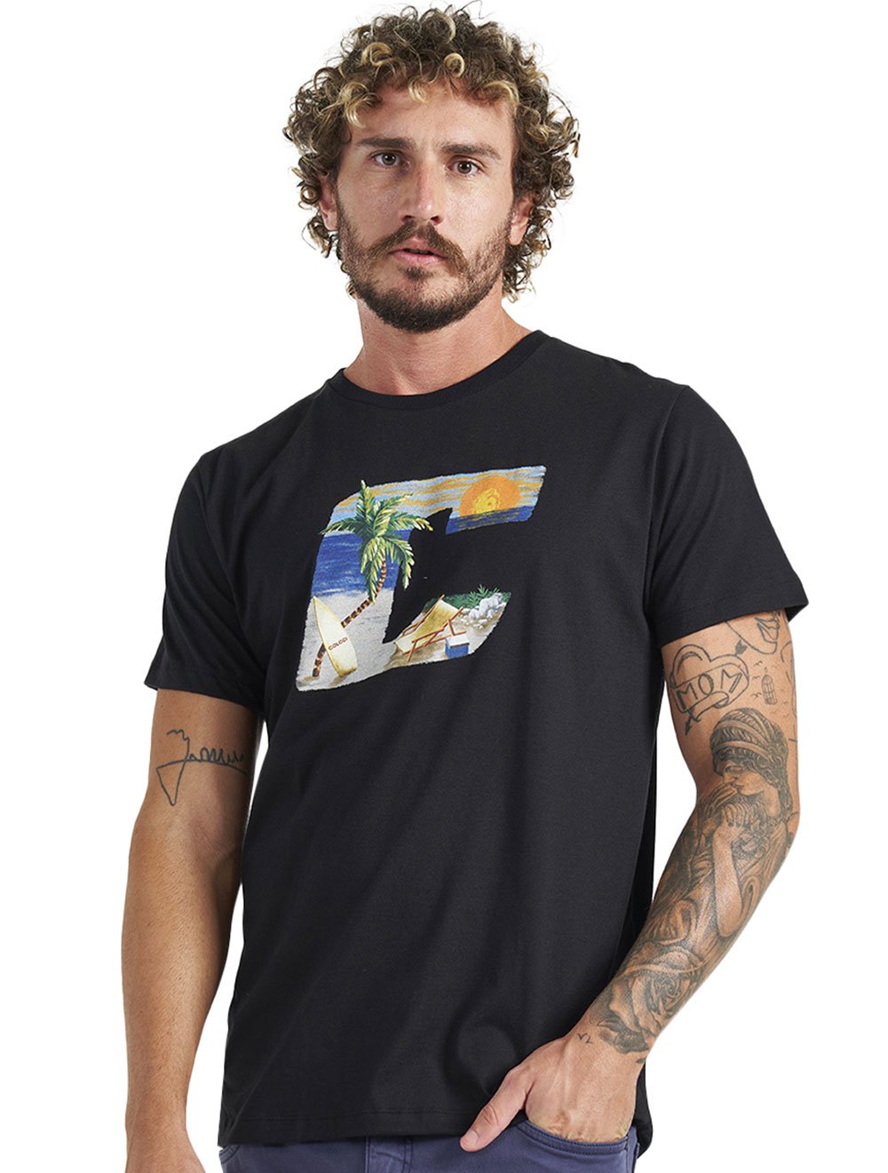 Camiseta Colcci Masculina Regular Tropical Beach Preta
