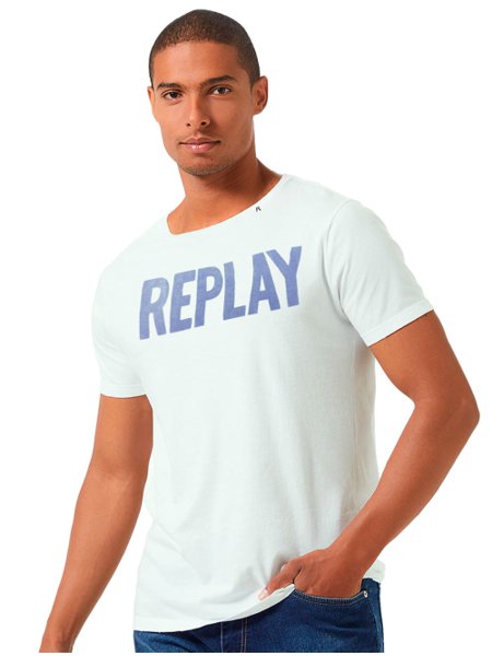 Camiseta Replay Masculina Frontal Stamp Logo Azul Claro