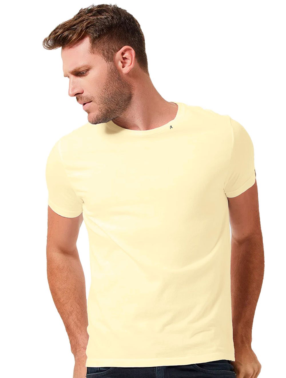 Camiseta Replay Masculina Basic Crewneck Logo Amarelo Claro