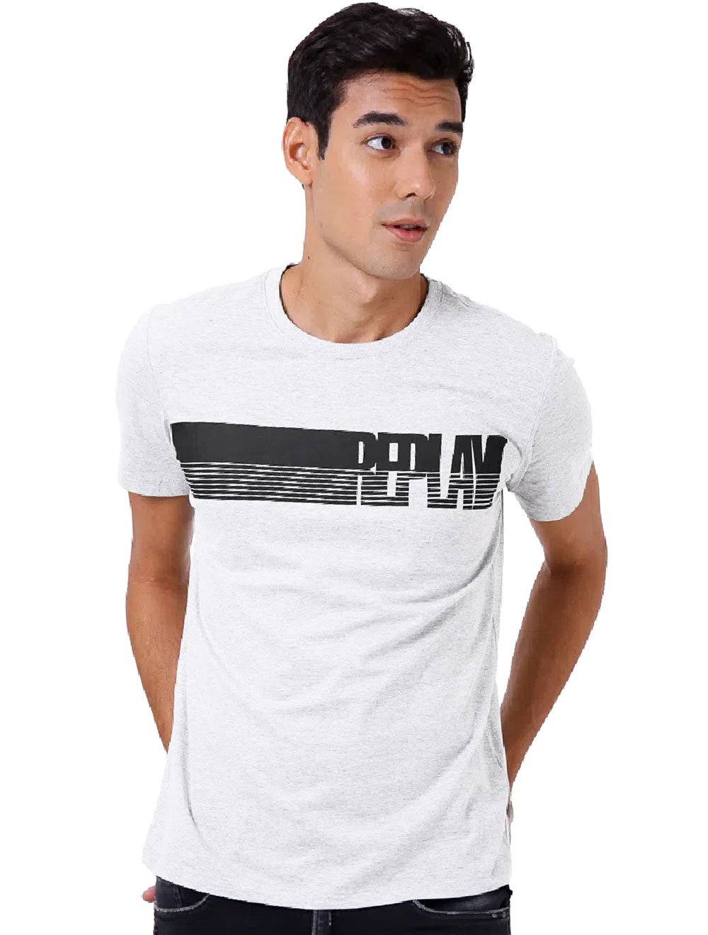 Camiseta Replay Masculina C-Neck Brand Stripes Branca