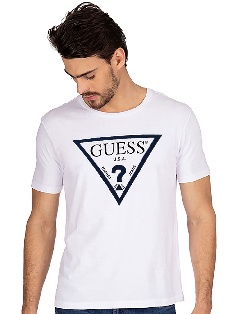 Camiseta Guess Masculina Classic Navy Logo Print Branca