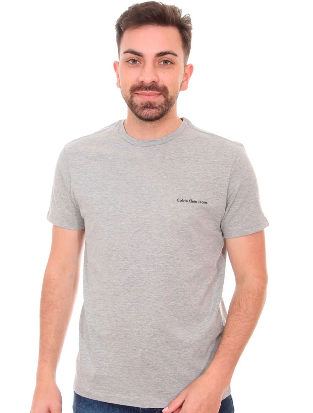 Camiseta Calvin Klein Jeans Masculina Logo Positivo Negativo Cinza Mescla