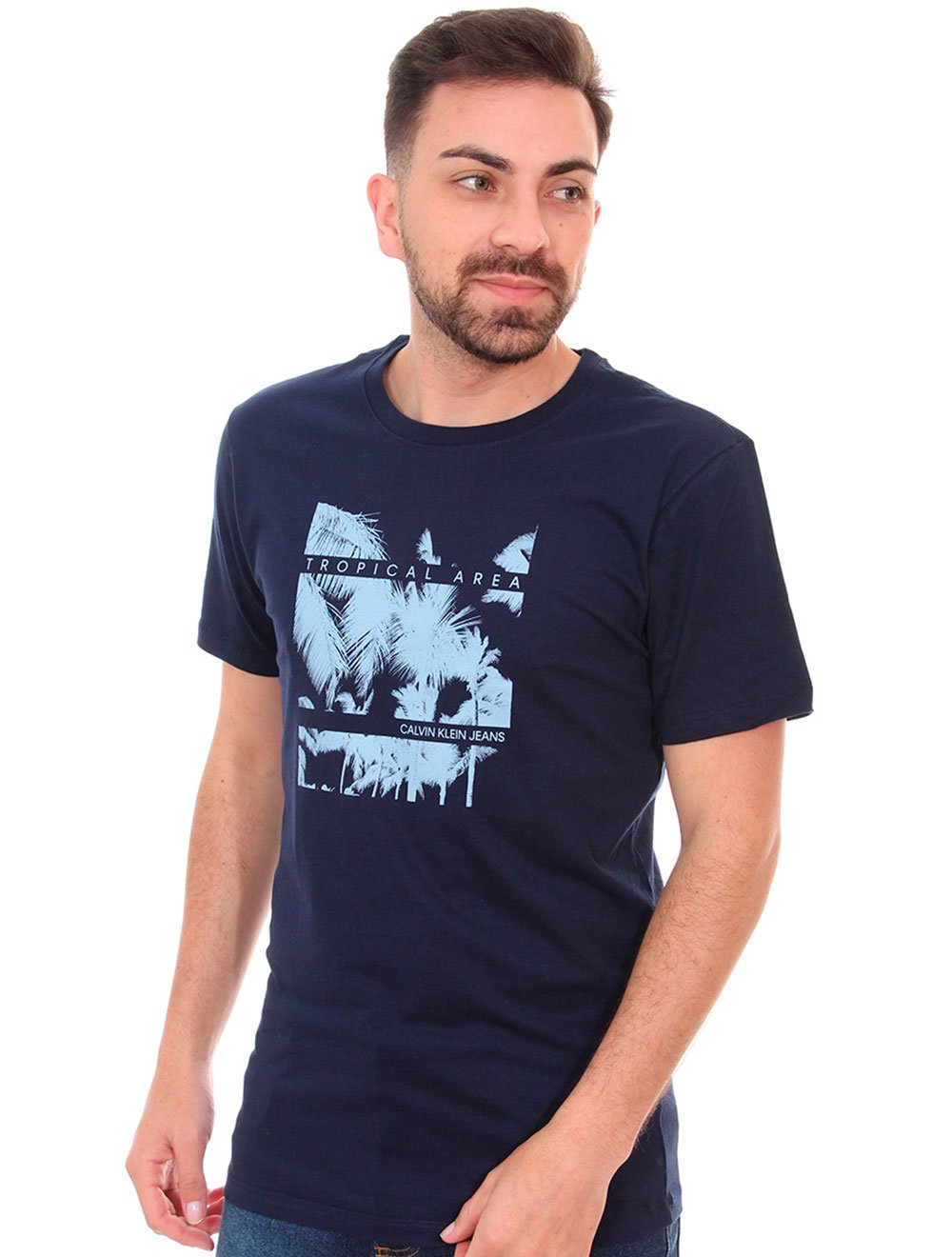 Camiseta Calvin Klein Masculina Tropical Area Azul Marinho
