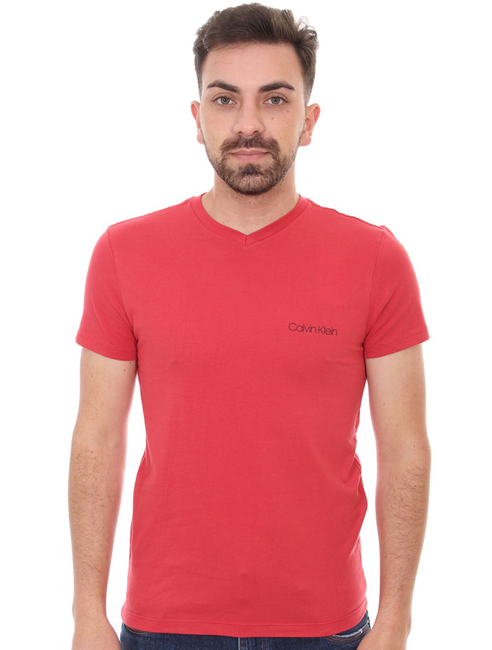 Camiseta Calvin Klein Swimwear Masculina V-Neck Slim Fit Logo Vermelha