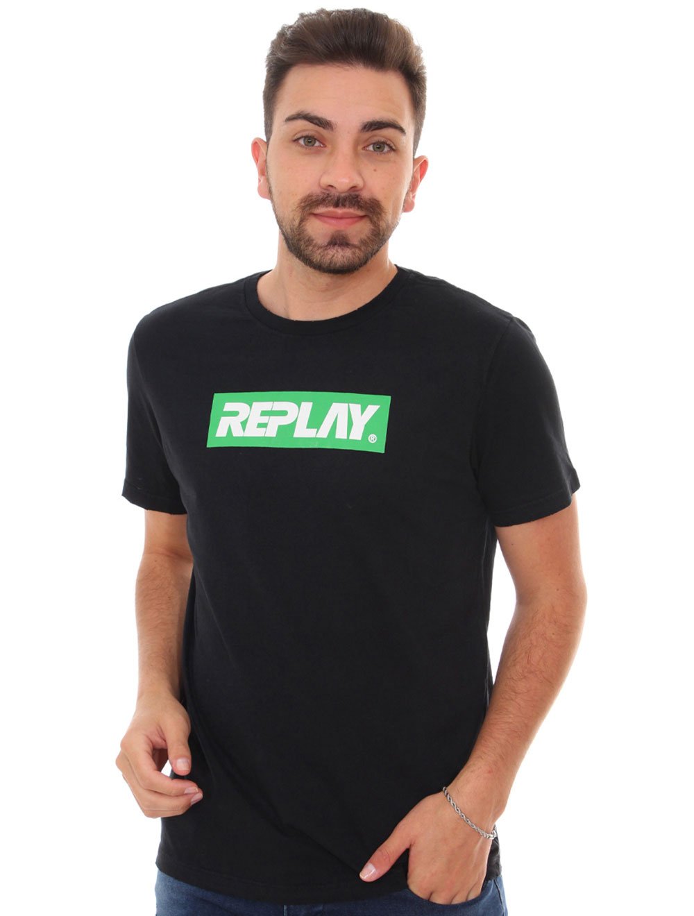 Camiseta Replay Masculina Brand Green Block Preta