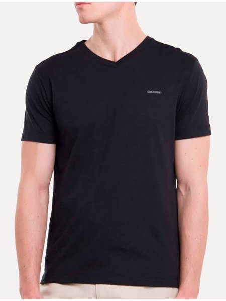 Camiseta Calvin Klein Masculina V-Neck Logo Flamê Preta