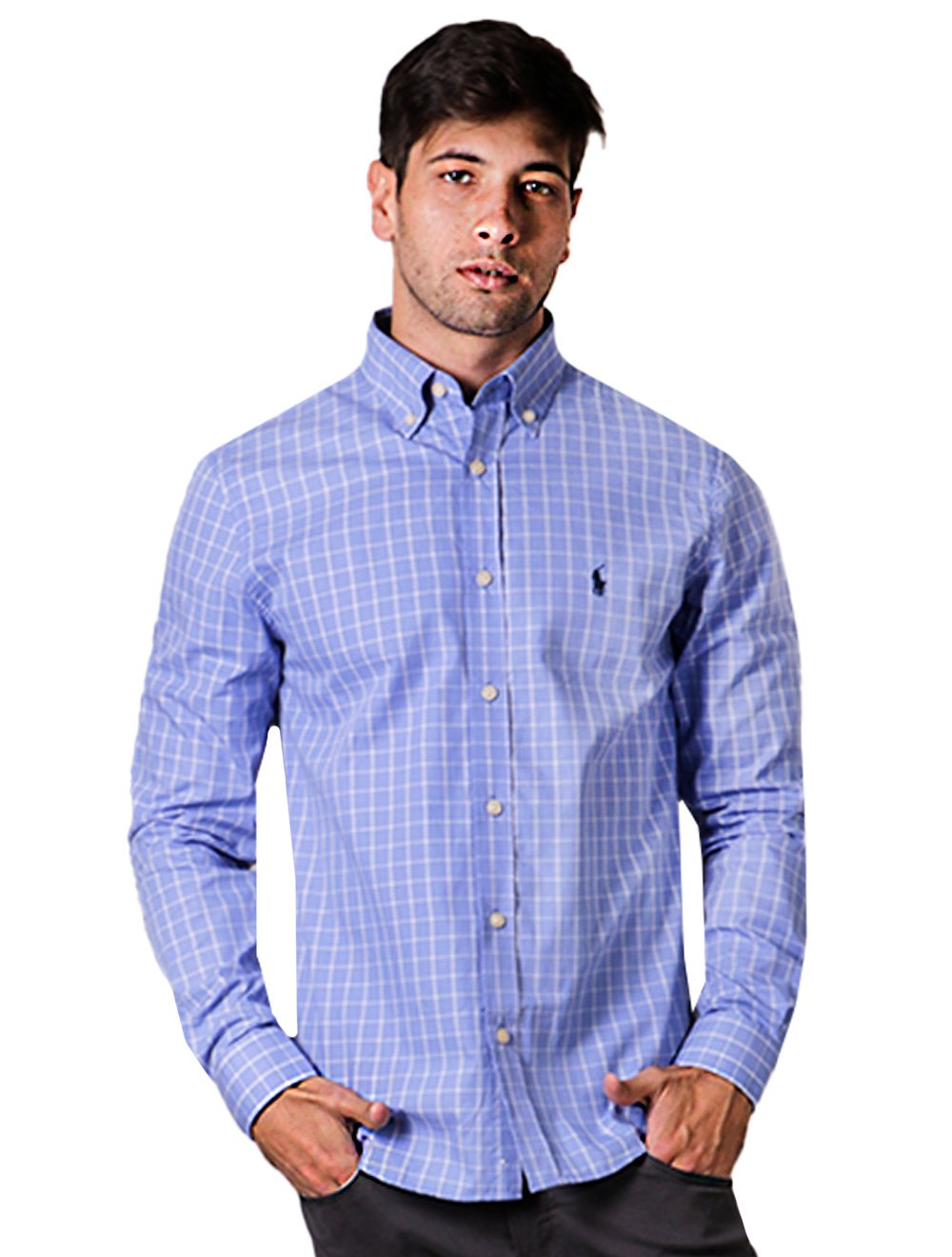 Camisa Ralph Lauren Custom Fit Quebec Dotted Bold Grid Azul Médio