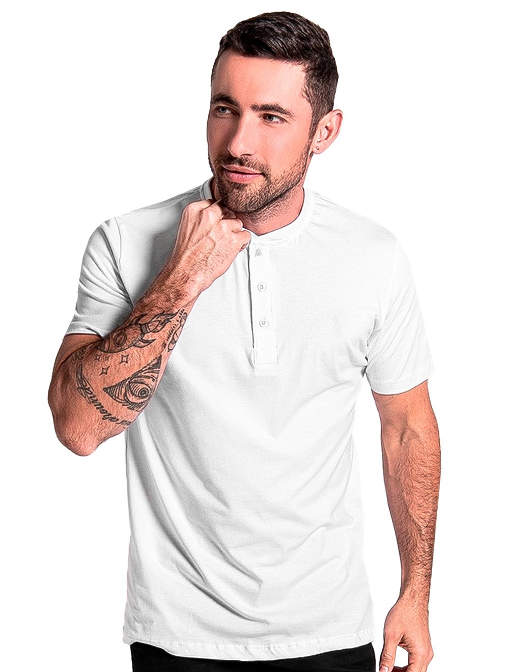 Camiseta Ralph Lauren Masculina Henley Custom Slim Fit Mono Icon Branca