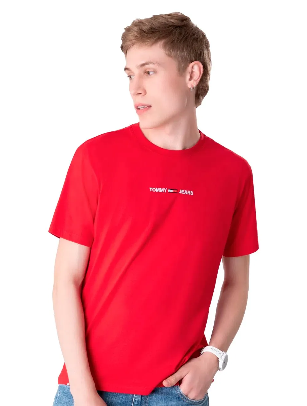 Camiseta Tommy Jeans Masculina Small Logo Text Vermelha