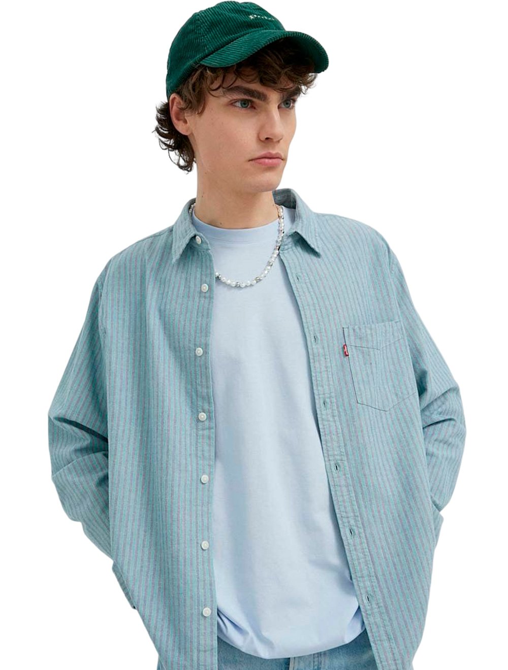Camisa Levis Masculina Standart Sunset One Pocket Stripes Azul e Verde Claro