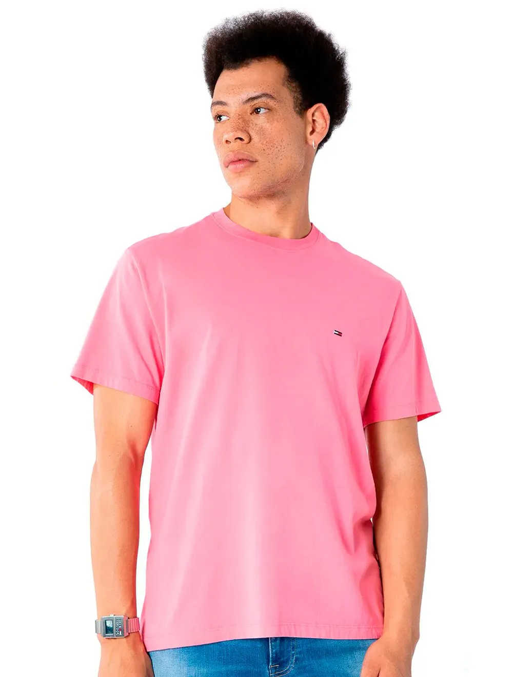 Camiseta Tommy Jeans Masculina Classic Jersey C-Neck Flag Rosa