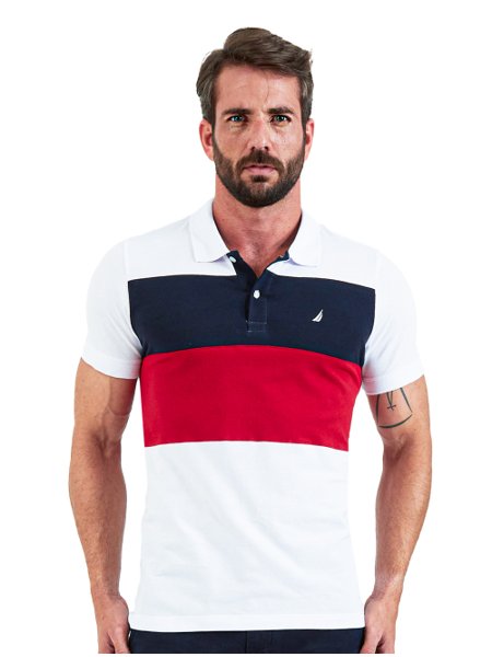 Polo Nautica Masculina Piquet Colorblock Light Sail Branca/Marinho/Vermelha