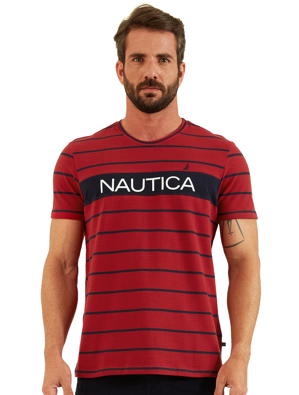Camiseta Nautica Masculina Piquet Navy Stripes Patch Vermelha
