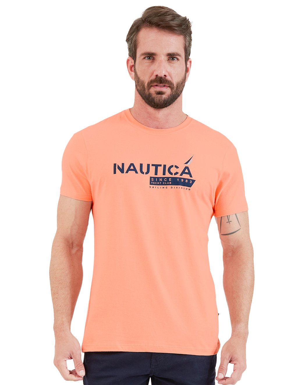 Camiseta Nautica Masculina Stencil Logo Yatch Salmão