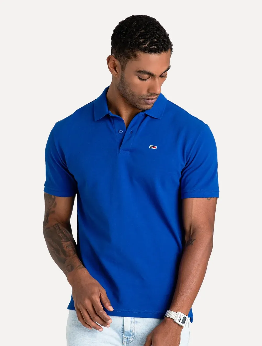 Polo Tommy Jeans Masculina Slim Piquet Flag Placket Azul Escuro