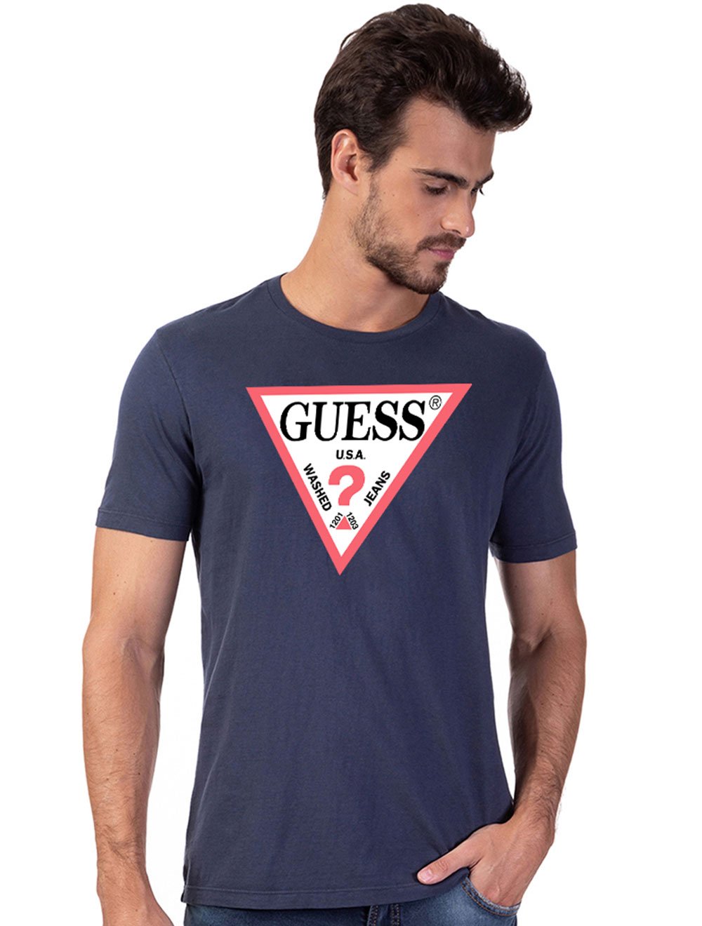 Camiseta Guess Masculina Logo Print Azul Marinho