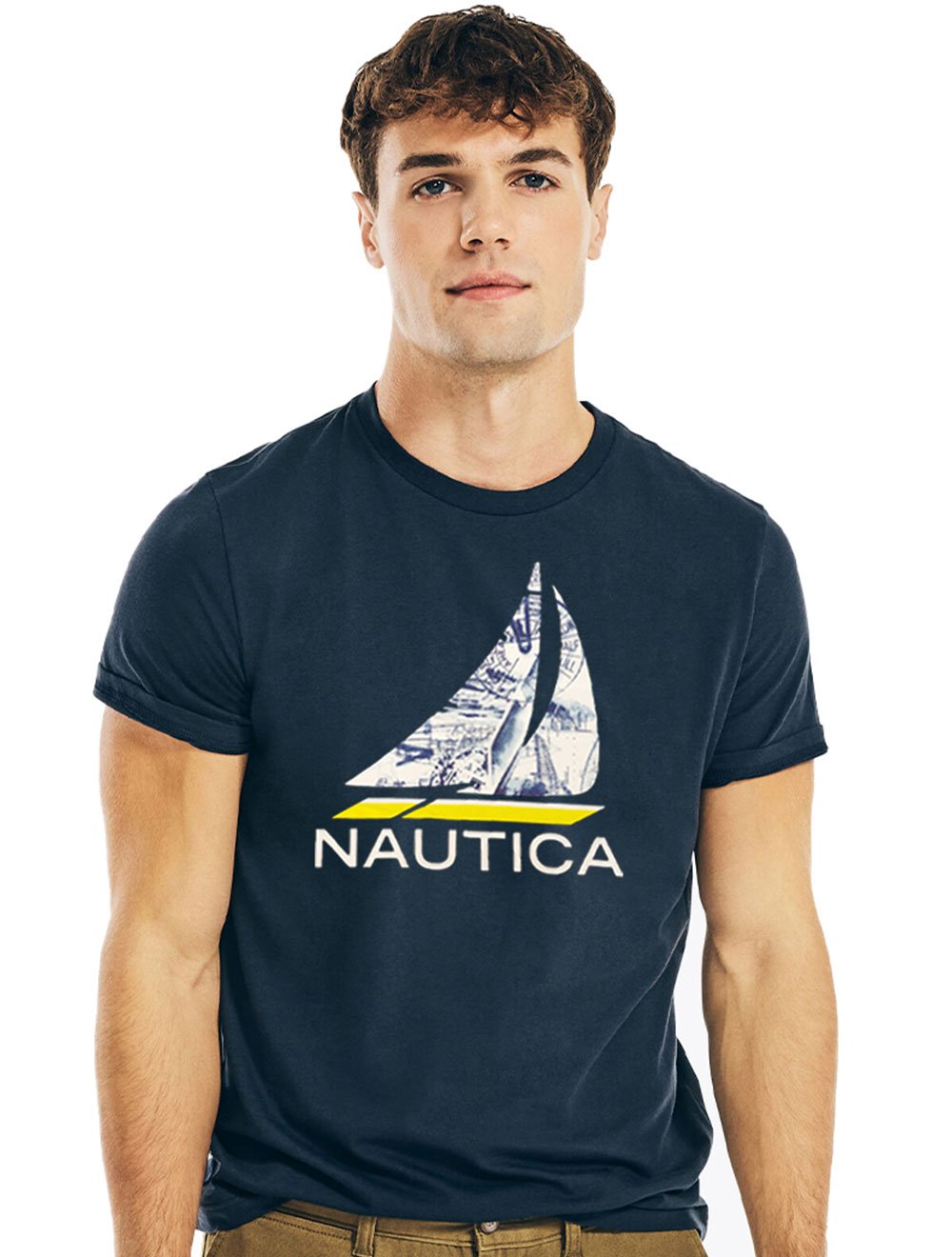 Camiseta Nautica Masculina Sail Boat Print UV Prot Azul Marinho