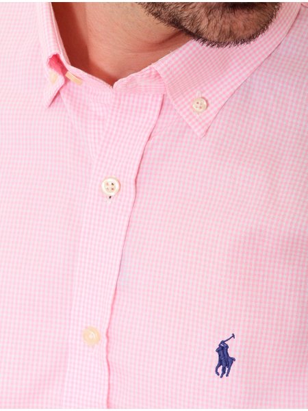 Camisa Ralph Lauren Masculina Custom Fit Xadrez Vichy Navy Icon Rosa e Branca