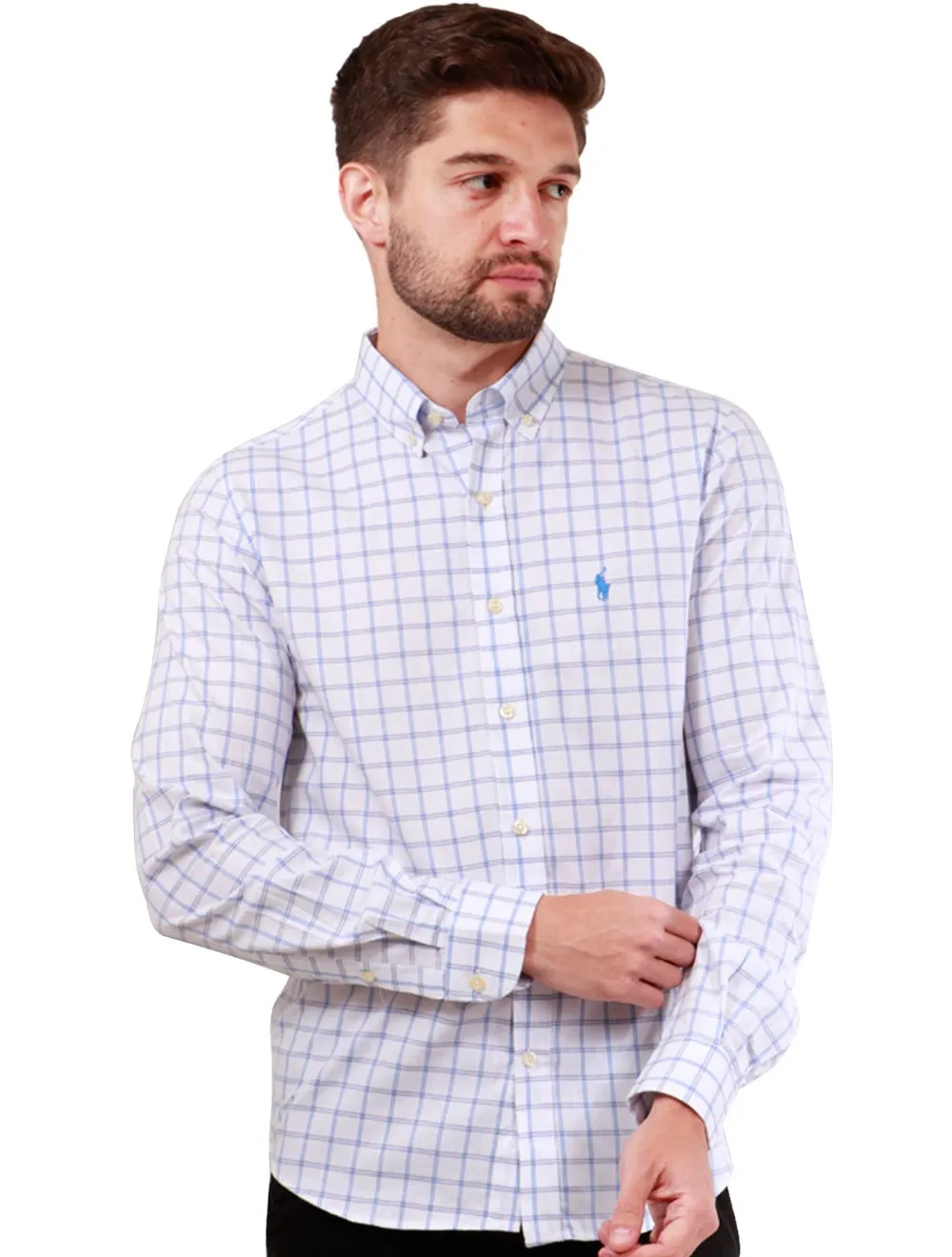 Camisa Ralph Lauren Masculina Custom Xadrez Double Lines Plaid Azul Branca  | Secret Outlet