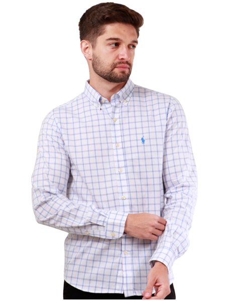 Camisa Ralph Lauren Masculina Custom Xadrez Double Lines Plaid Azul Branca  | Secret Outlet