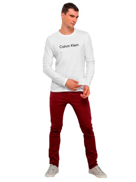 Camiseta Calvin Klein Masculina Manga Longa Institutional Flamê Branca