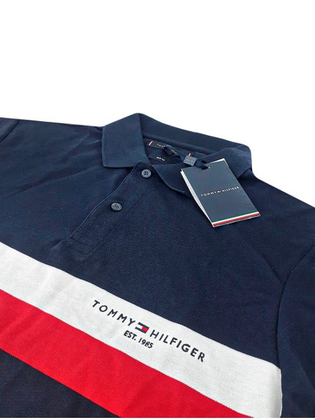 Polo Tommy Hilfiger Piquet Slim Colourblock Azul Marinho