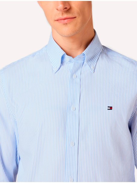 Camisa Tommy Hilfiger Masculina Regular Striped Poplin Azul Claro