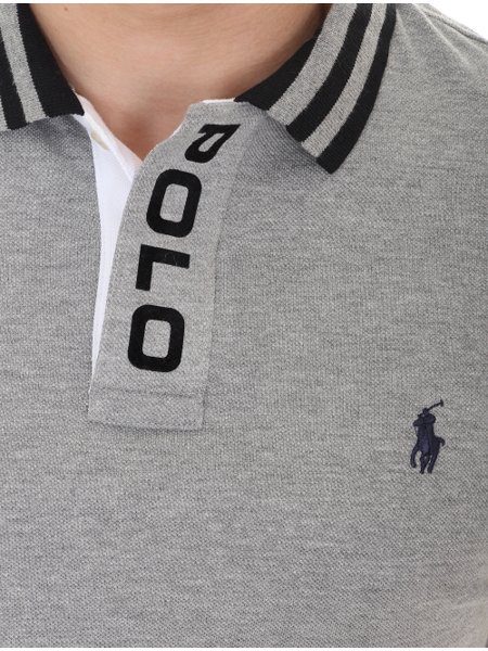 Polo Ralph Lauren Masculina Placket Tipped Collar Navy Logo Cinza Mescla