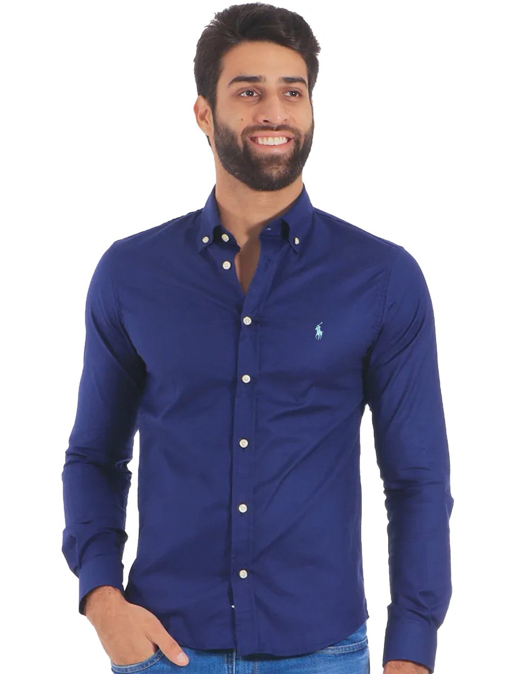 Camisa Ralph Lauren Masculina Custom Fit Oxford Blue Logo Azul Escuro