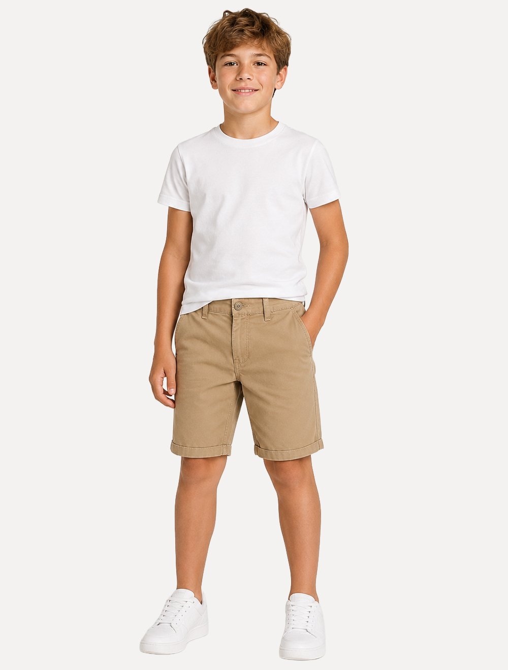 Bermuda Calvin Klein Infantil Color Chino Barra Virada Caqui Médio