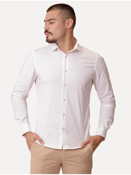 Camisa Ralph Lauren Masculina Slim Office Milano Stretch Off-White