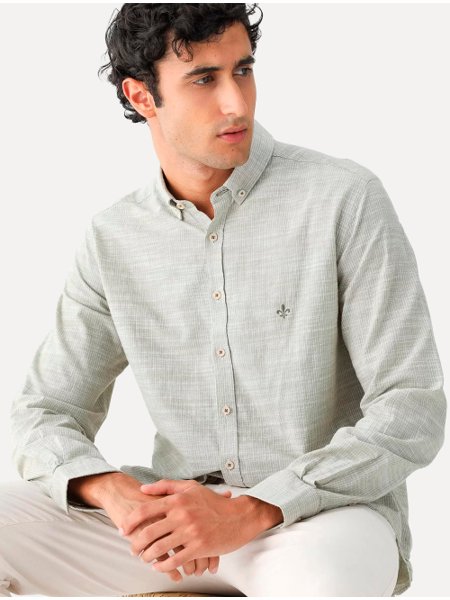 Camisa Dudalina Masculina Slim Slub Cotton Listrada Verde Claro Mescla