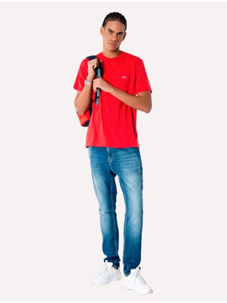 Camiseta Tommy Jeans Masculina Classic Jersey C-Neck Flag Vermelha