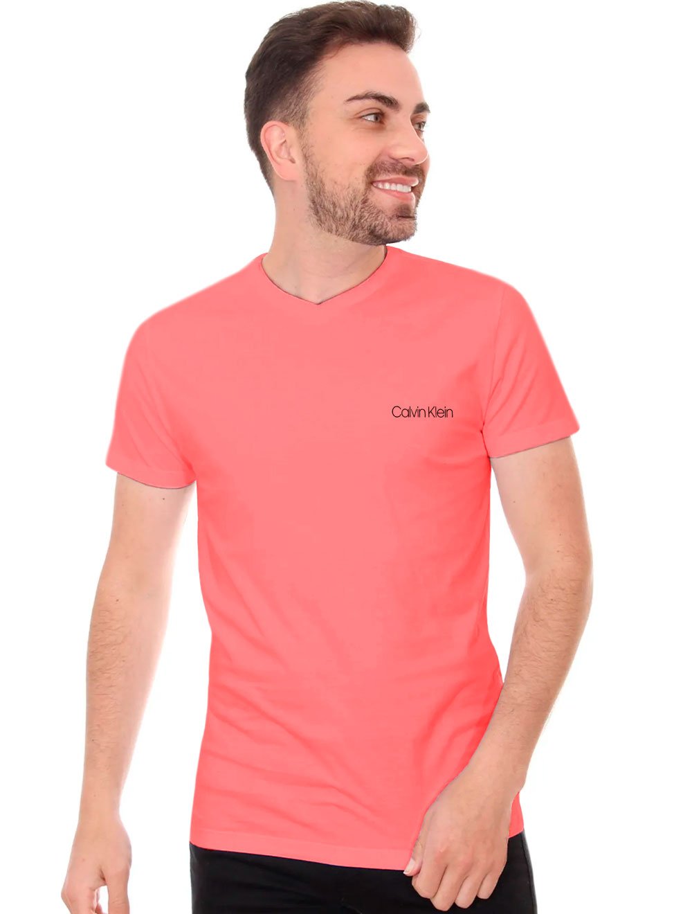 Camiseta Calvin Klein Swimwear Masculina V-Neck Slim Fit Logo Rosa Claro