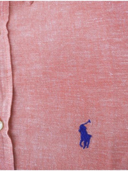 Camisa Ralph Lauren Masculina Custom Fit Linho Navy Logo Vermelha Mescla