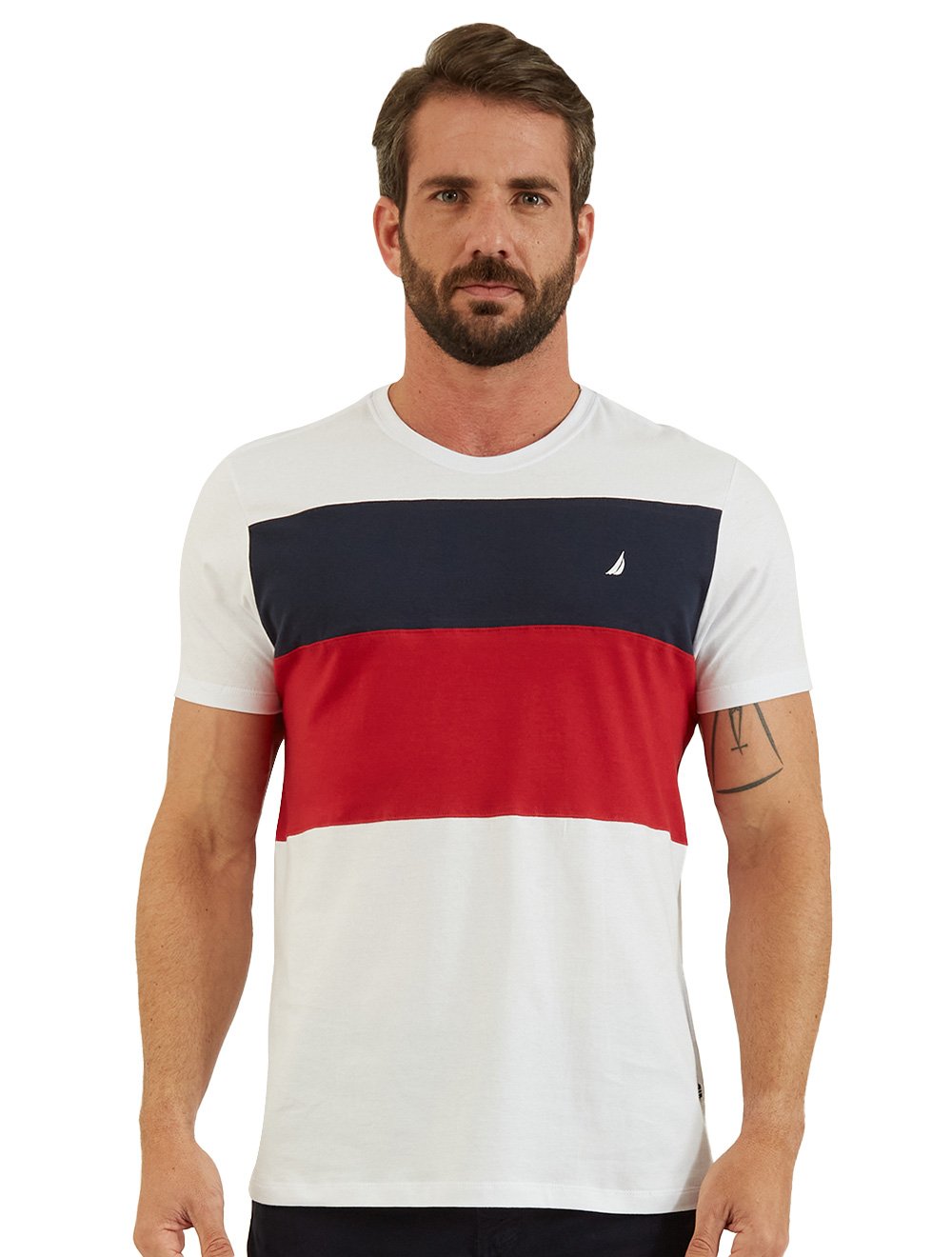 Camiseta Nautica Masculina Tricolour Branca Marinho Vermelha