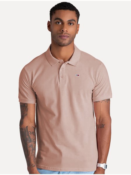 Polo Tommy Jeans Masculina Slim Piquet Flag Placket Rosa Claro