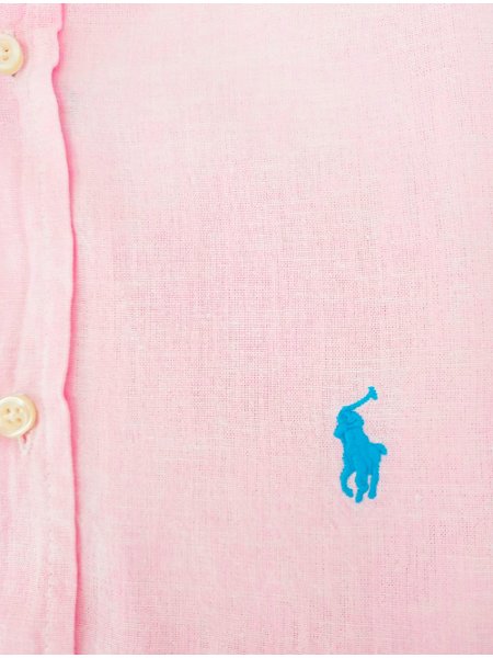 Camisa Ralph Lauren Masculina Custom Fit Linho Blue Logo Rosa