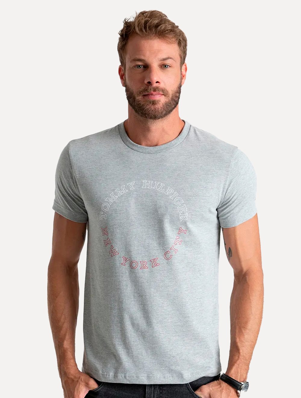 Camiseta Tommy Hilfiger Masculina Monotype Roundle Logo Cáqui Claro 