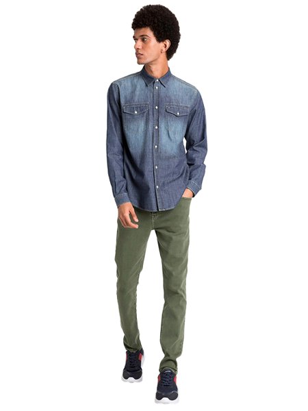 Camisa Tommy Jeans Masculina Western Denim Washed Azul Escuro
