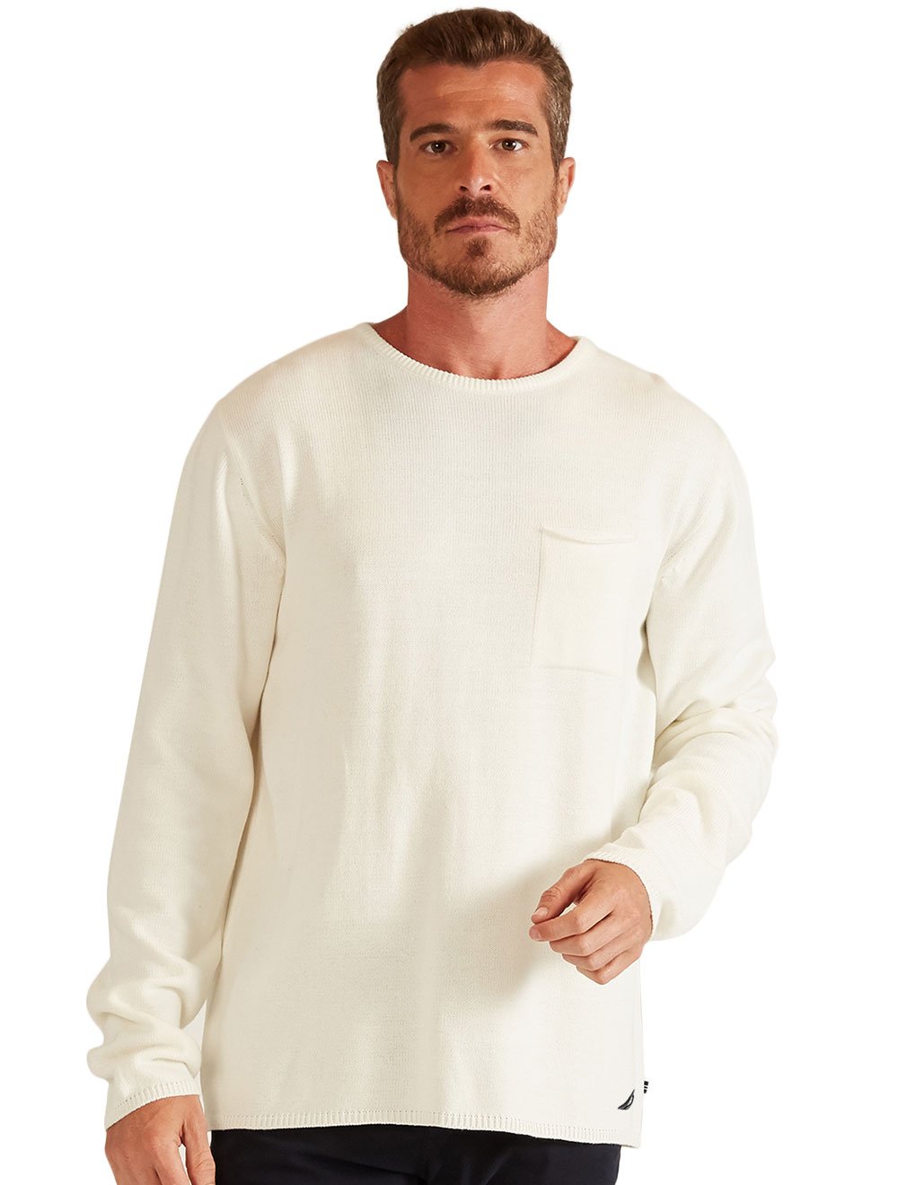 Blusa Nautica Masculina Tricot Sweater Cotton Pocket Off-White