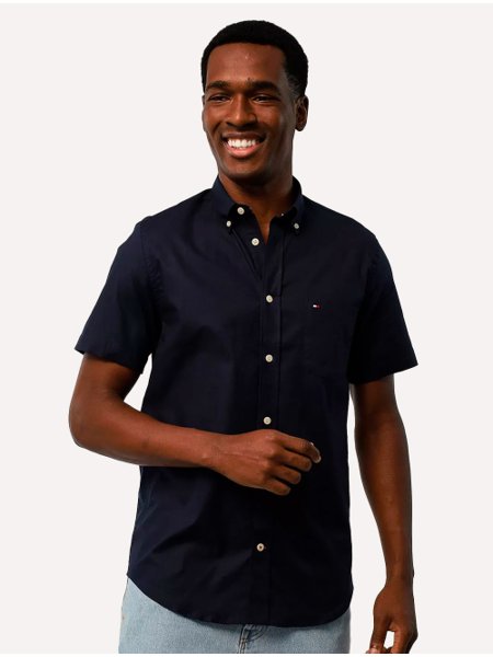 Camisa Tommy Hilfiger Masculina Manga Curta Regular Core Oxford Azul Marinho