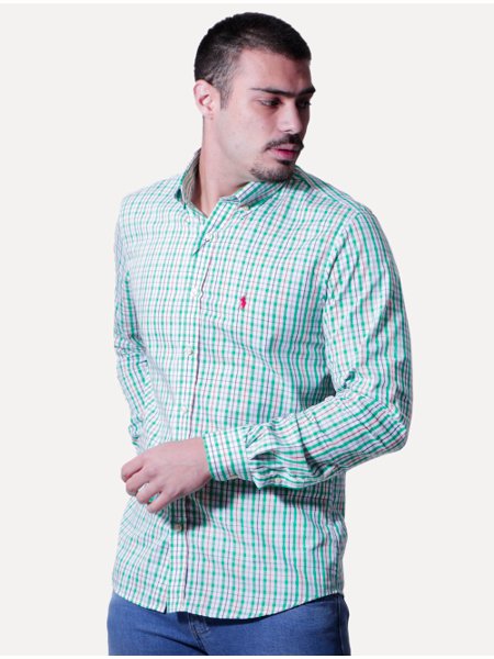 Camisa Ralph Lauren Masculina Custom Fit Atenas Xadrez Verde/Branca