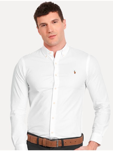Camisa Ralph Lauren Masculina Custom Fit Coloured Logo Branca
