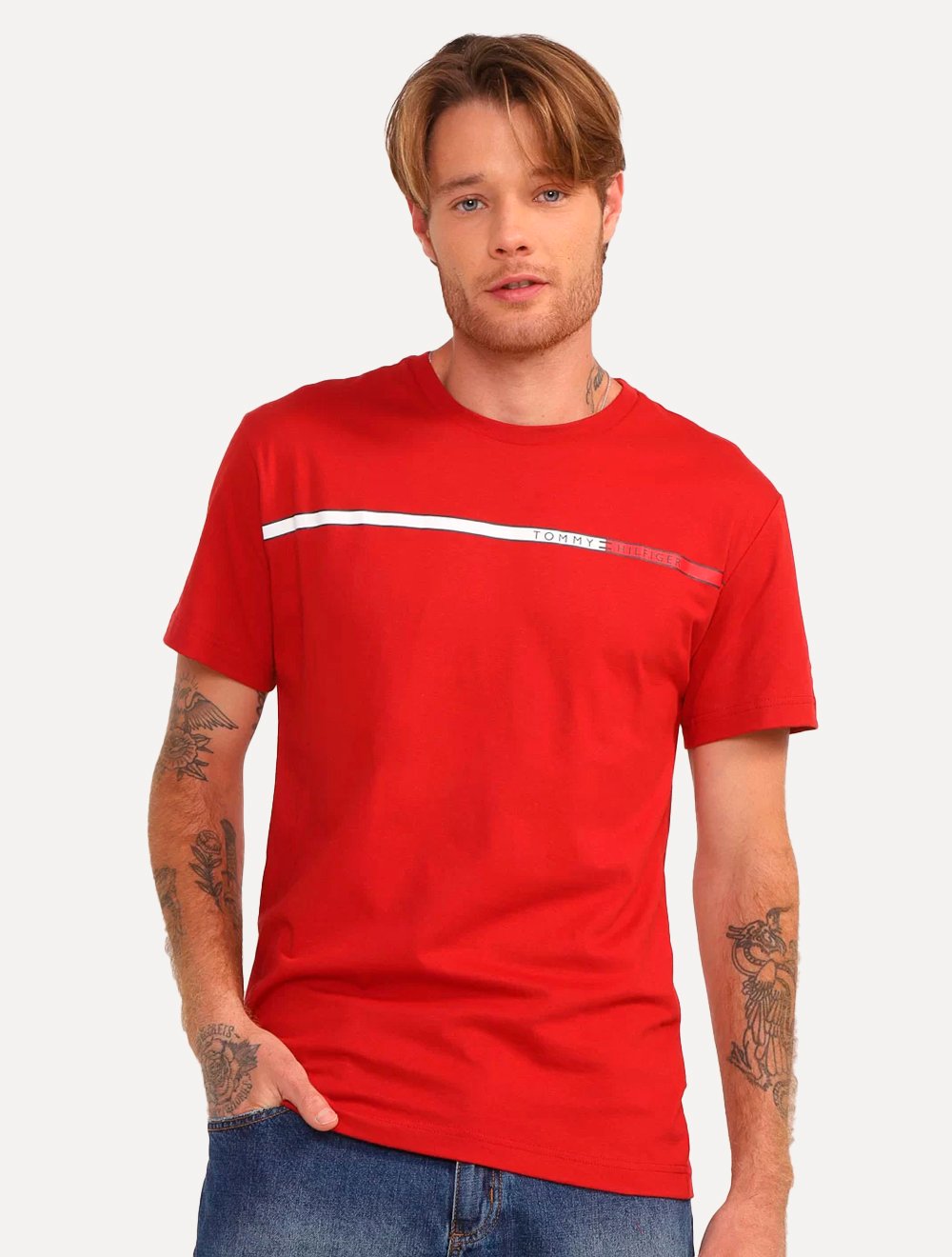 Camiseta Tommy Hilfiger Masculina Two Tone Chest Stripe Vermelha