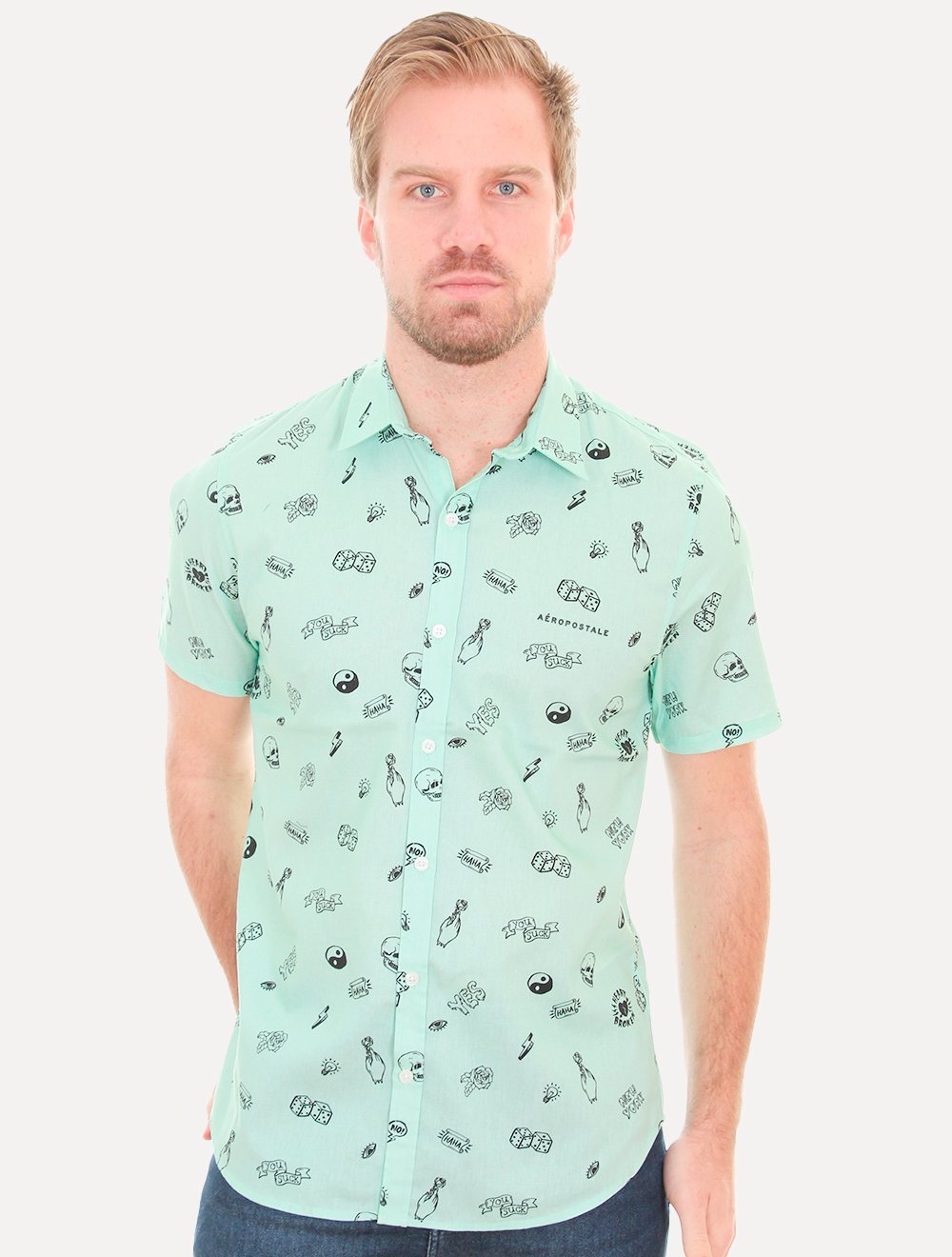 Camisa Aeropostale Masculina Manga Curta Hipster Pattern Verde Claro
