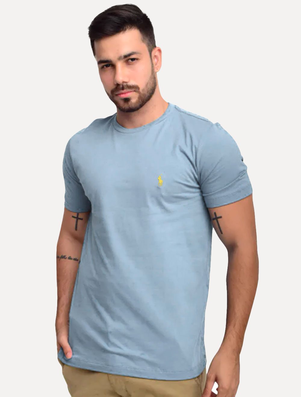 Camiseta Ralph Lauren Masculina Custom Slim Fit Yellow Icon Azul Claro
