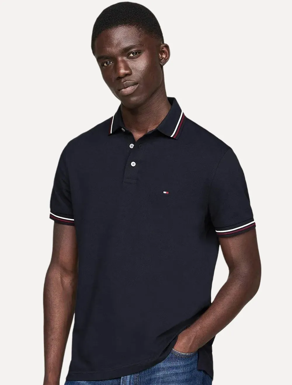Polo Tommy Hilfiger Masculina Slim Tipped Collar Azul Marinho