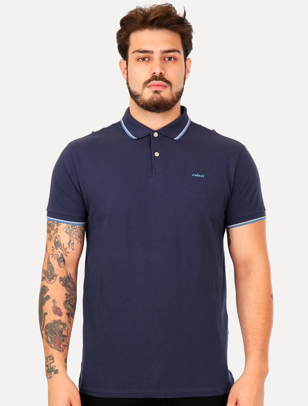Polo Colcci Masculina Piquet Blue Logo Friso Azul Escuro | Secret